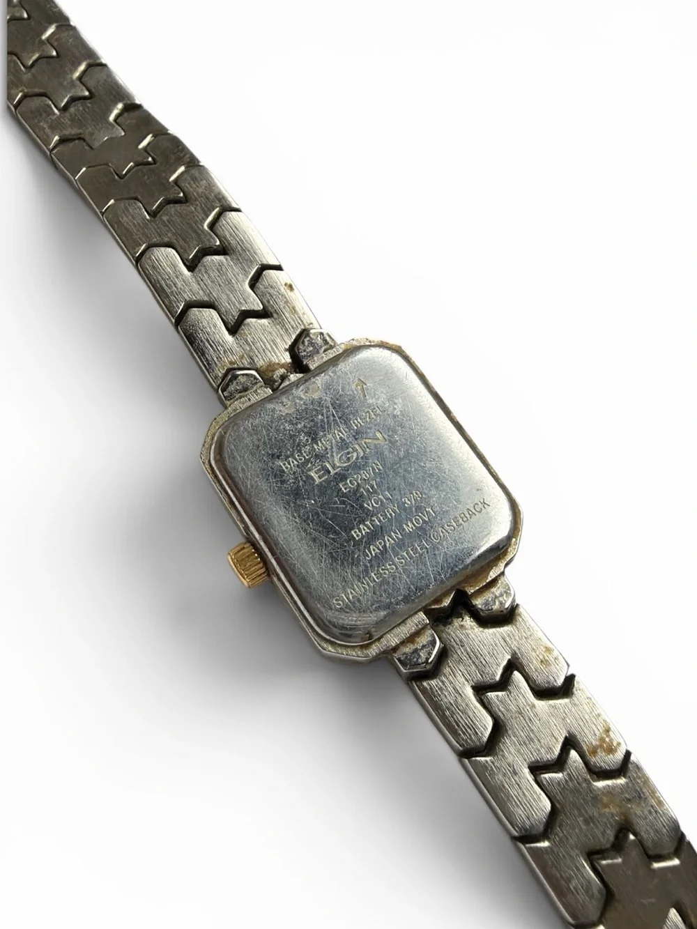 Vintage Elgin Two Tone Gold & Silver Square Face Ladies Watch Pearl Face